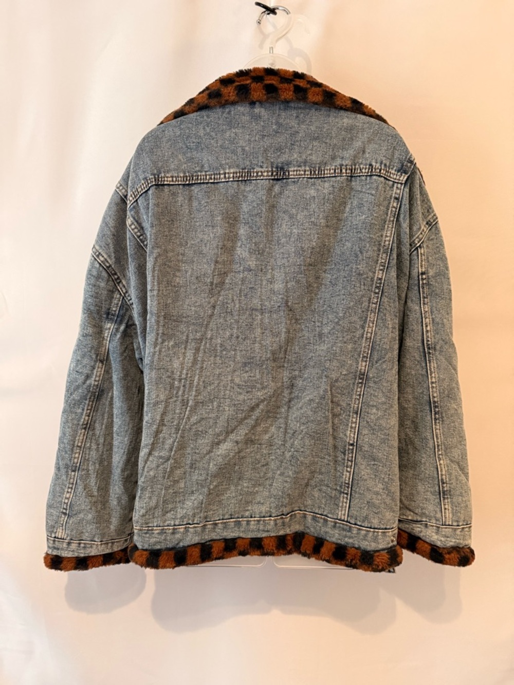Denim Jacket with Checked Faux Fur Trim - Picture 3 of 5